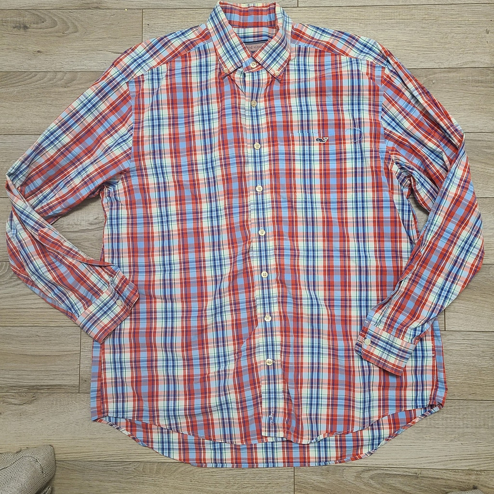 Vineyard Vines Tucker Shirt Mens Large Plaid Cotton Button Down Shirt Red Blue